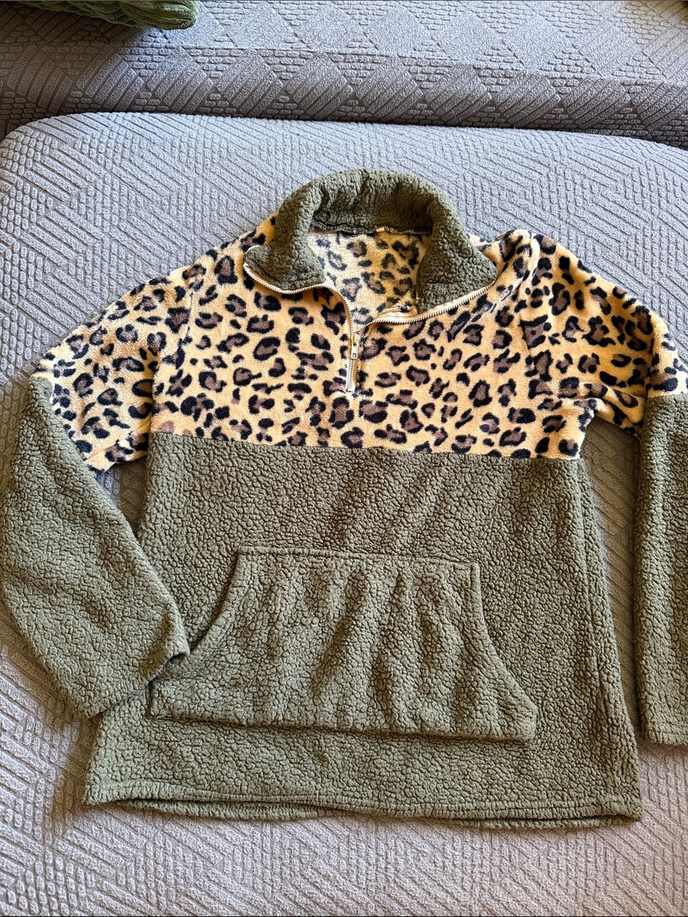 Leopard Print Fleece Pullover with Olive Sherpa